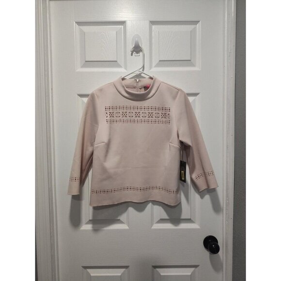 Vince Camuto Women’s Beige Mock Neck Laser Cut Out Blouse, 3/4 Sleeve Size Small - Picture 3 of 8